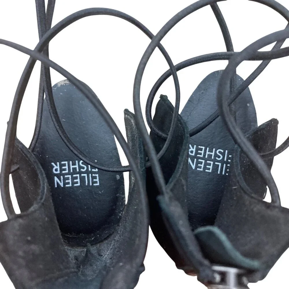 Eileen Fisher Lace Espadrille Flats Womens 8 Black Suede Strappy Sandals